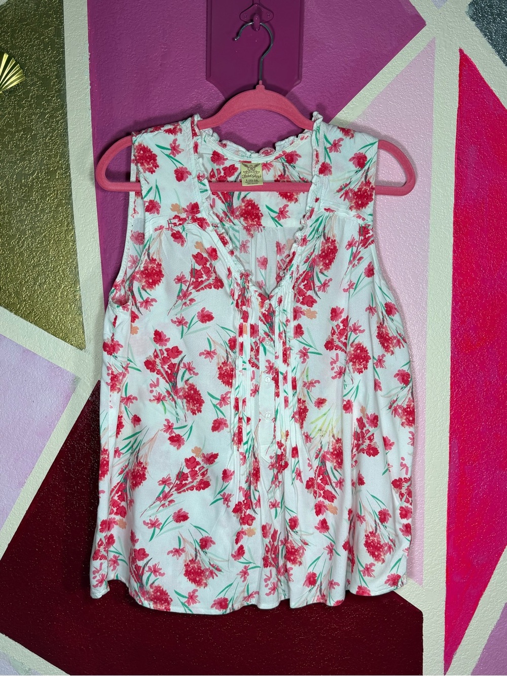 Faded Glory Pink Floral Sleeveless Pintuck Blouse Size L (12-14)